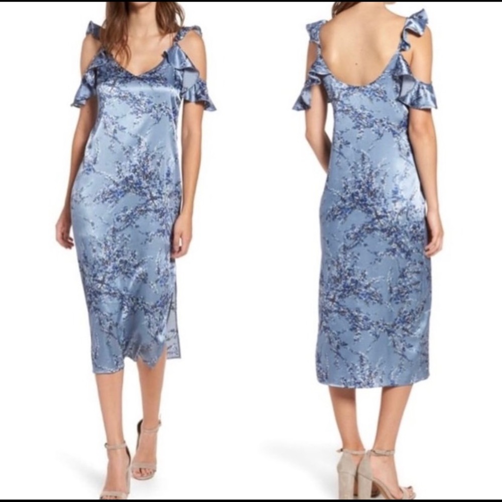 Wayf Quinn Cold Shoulder Slate Blue Floral Midi Dress Size M